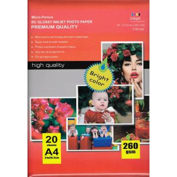 297X210MM A4 RC Glossy Inkjet Photo Paper 260g-20 hojas 297X210MM A4 RC Glossy Inkjet Photo Paper 260g-20 hojas
